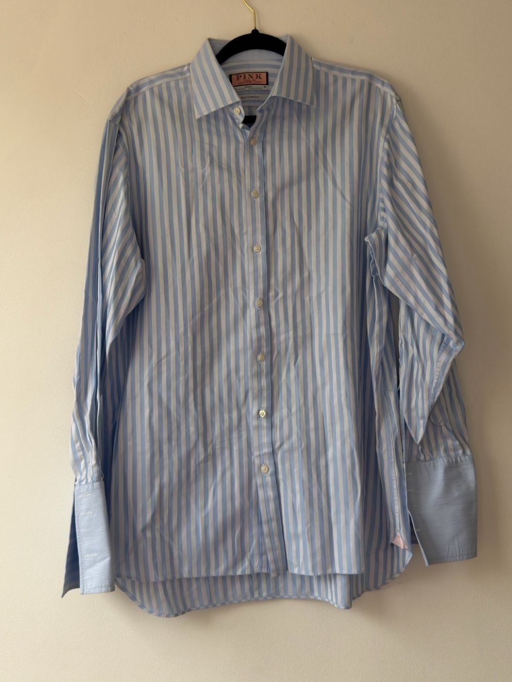 Thomas Pink Light Blue and White Striped Dress Shirt 16.5 100% cotton